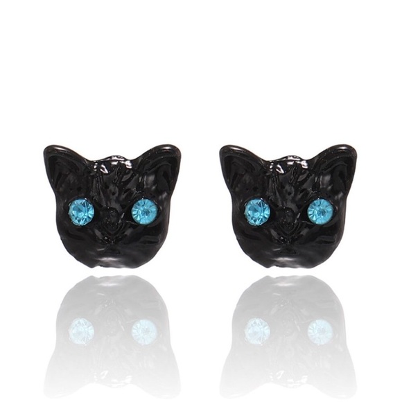 Spooky Black Cat Sparkling Blue Eyed Stud Earrings - Picture 1 of 4